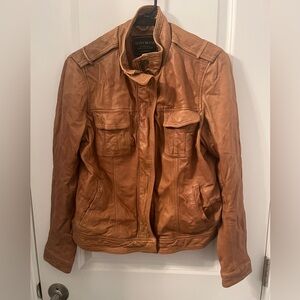 New Lucky Brand Vintage-Inspired Camel Tan Leather Patch Pocket Zip Jacket Sz M